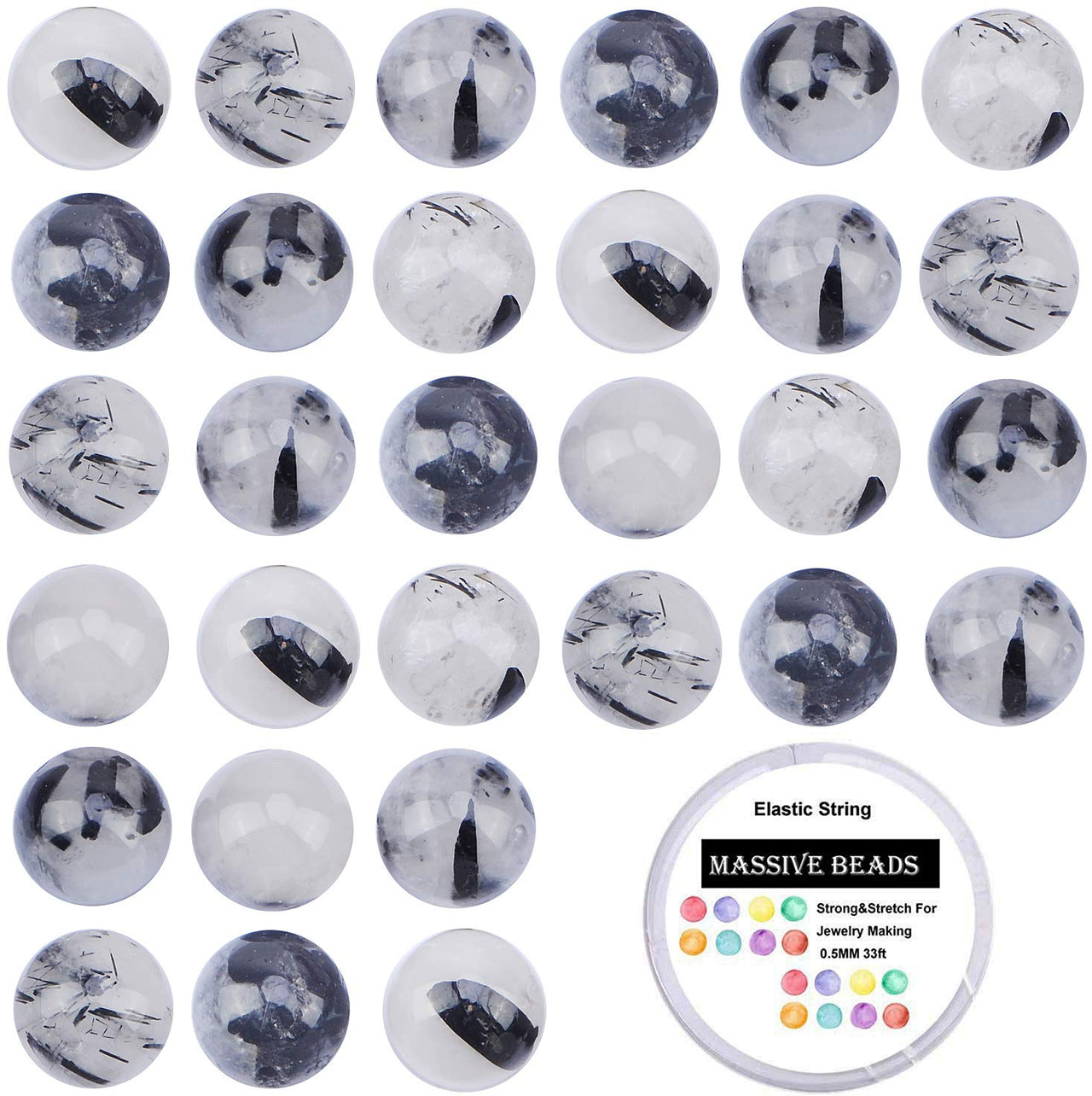 80Pcs Natural Crystal Beads Stone Gemstone Round Loose Energy Healing Beads with Free Crystal Stretch Cord for Jewelry Making (Tourmaline Quartz, 10mm) Tourmaline Quartz