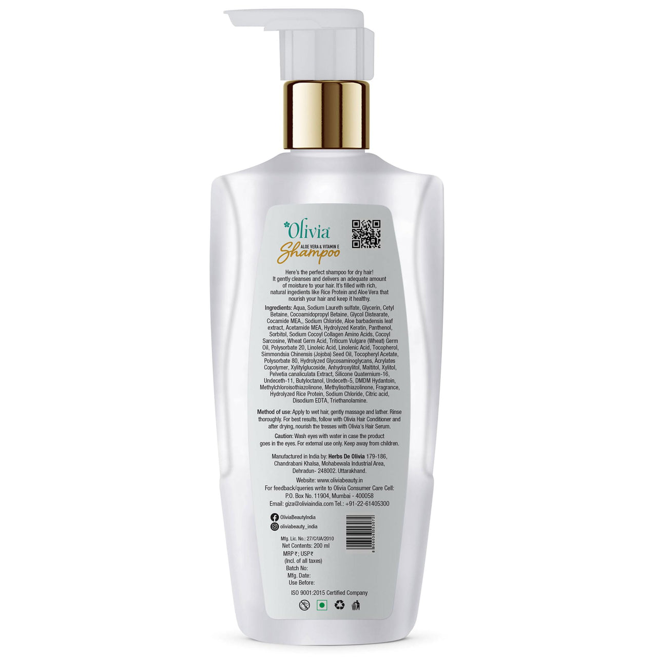 Olivia Moisture Revive Shampoo with Aloe Vera & Vitamin E | Provides Hydration for Frizzy & Dry Hair | Perfect Shampoo for Dry Hair | Aloe Vera Enriched Care | Paraben-Free Formula | 200ml