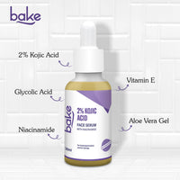 BAKE 2% Kojic Acid Face Serum with 5% Niacinamide & 2% Glycolic Acid for Pigmentation & Dark Spots | For Dark Circles, Tan Removal & Sun Damaged Skin | Skin Brightening & Glowing | 30ml