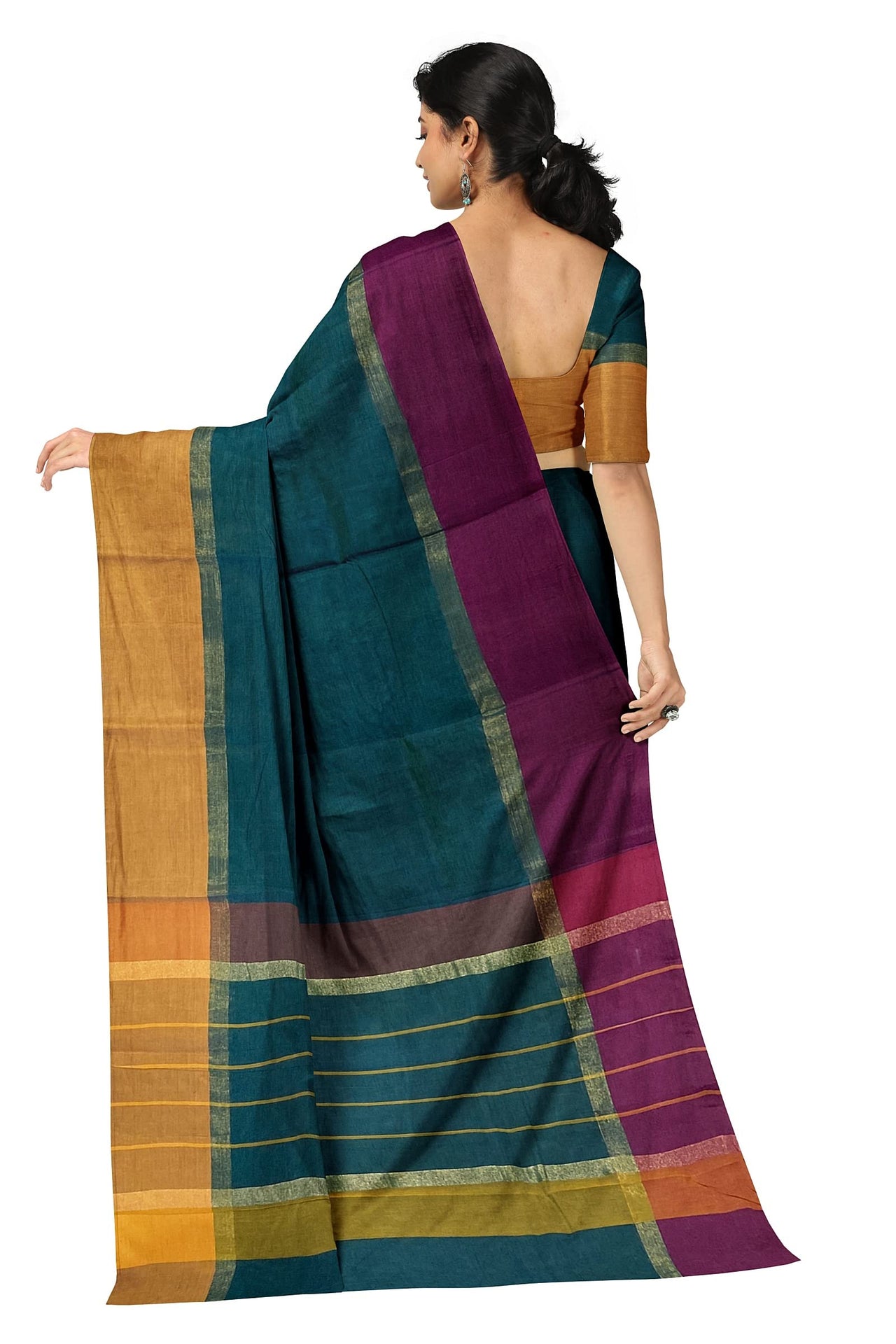 SENSAN Women’s Handloom Kanchi Cotton Saree with Blouse Piece [SKU:430] Light Beige×Navy Blue