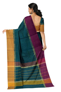 SENSAN Women’s Handloom Kanchi Cotton Saree with Blouse Piece [SKU:430] Light Beige×Navy Blue