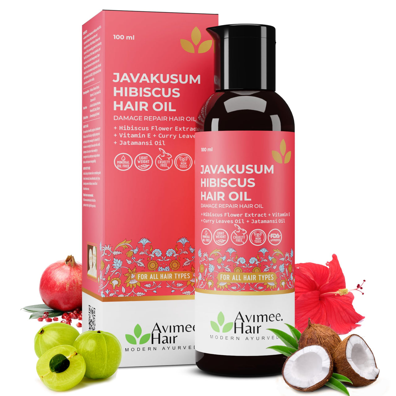 Avimee Herbal Javakusum Hibiscus Hair Oil | For Soft & Silky Texture | Loaded with Vitamin C, Flavonoids, Amino Acids, Mucilage Fiber, and Antioxidants | 100 mL | Pack of 2
