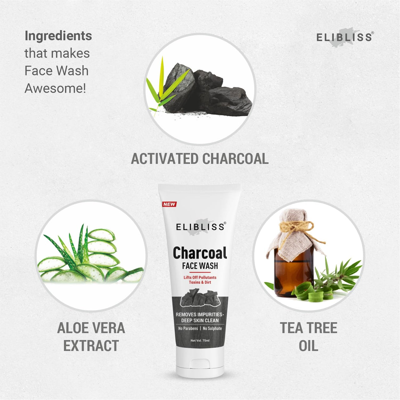 Elibliss Charcoal Face Wash for Deep Cleansing, Removes Pollutants, Toxins & Dirt, Activated Charcoal Cleanser, No Parabens & Sulphate, Suitable for All Skin Types 75ml