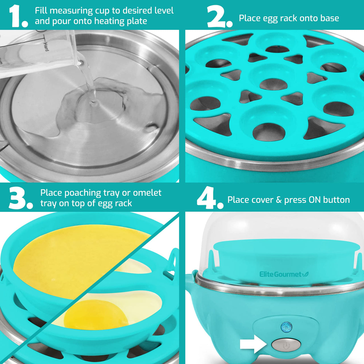 Elite Gourmet EGC-007T# Rapid Egg Cooker, 7 Easy-To-Peel, Hard, Medium, Soft Boiled Eggs, Poacher, Omelet Maker, Auto Shut-Off, Alarm, 16-Recipe Booklet, Teal 7 Egg Blue