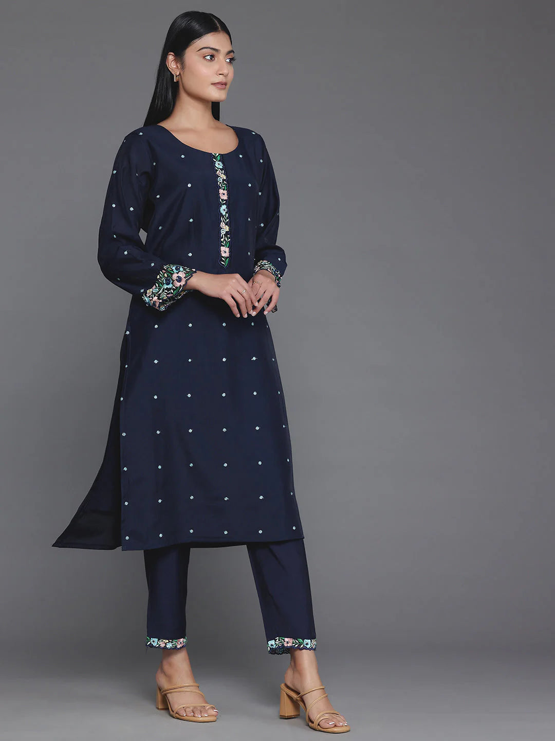 Blue Embroidered Silk Blend Straight Suit with Dupatta