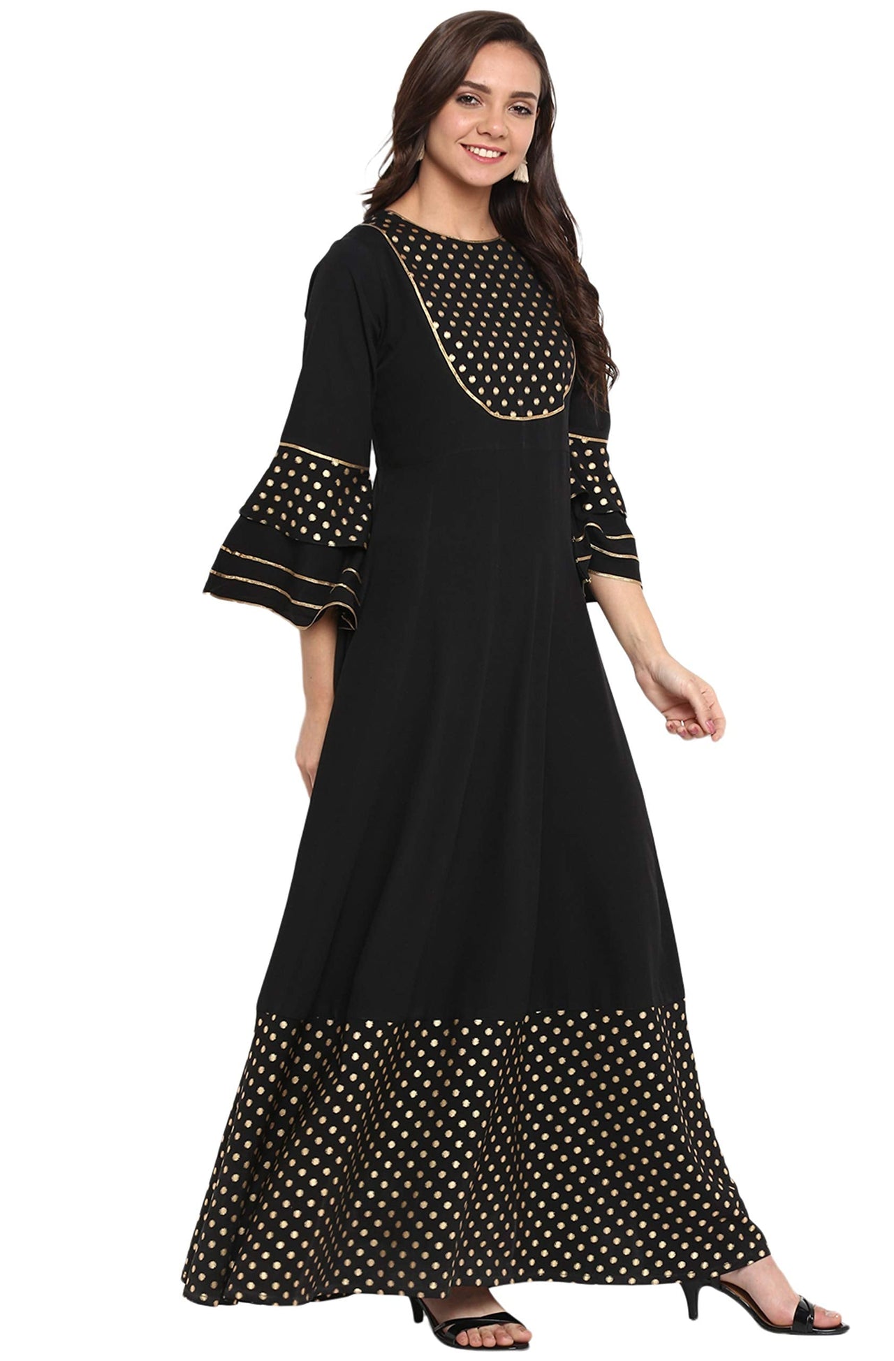 Janasya Women's  Black Poly Crepe Anarkali Kurta