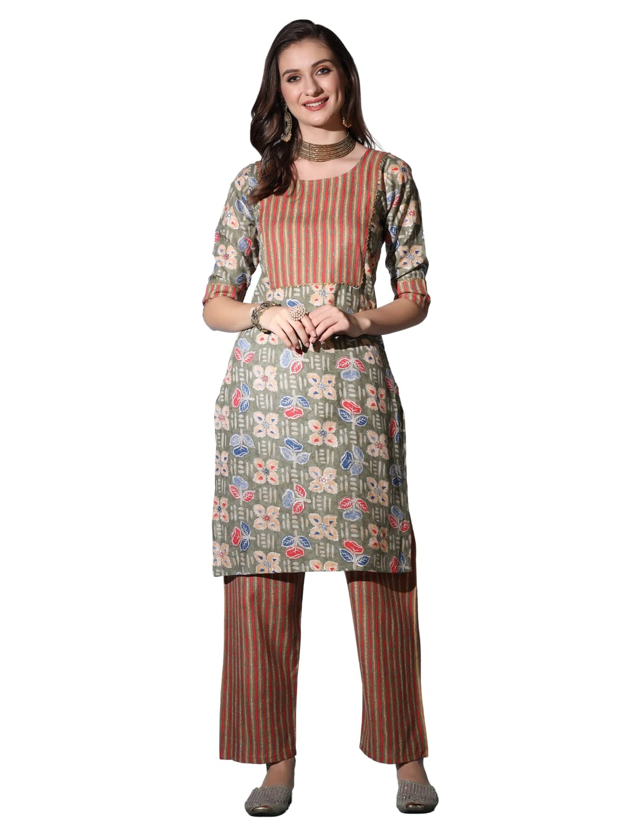 GRECIILOOKS Women's  Cotton Blend Printed Straight Kurta with Pant| A-line Kurta with Pant| Straight Printed Kurta with Pant