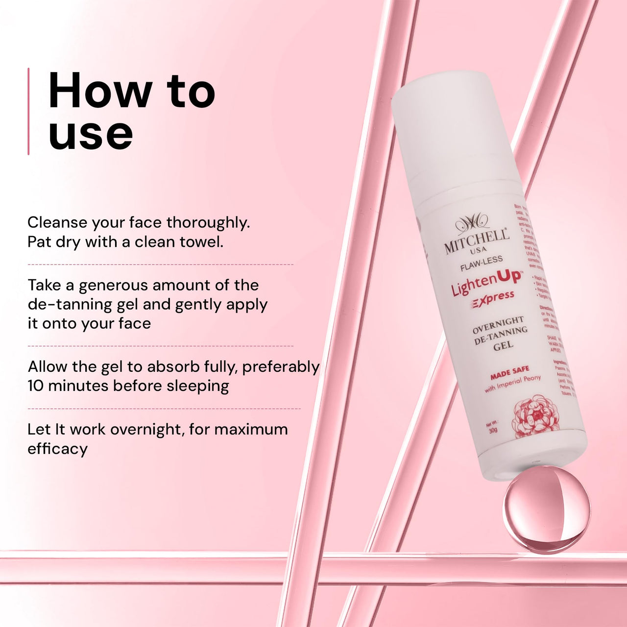 Mitchell USA Flaw-Less LightenUp Express Overnight De-Tanning Gel | Hydrating & Nourishing | Targets Dark Spots, Pigmentation & Winter Tanning | Made Safe with Imperial Peony (30g)