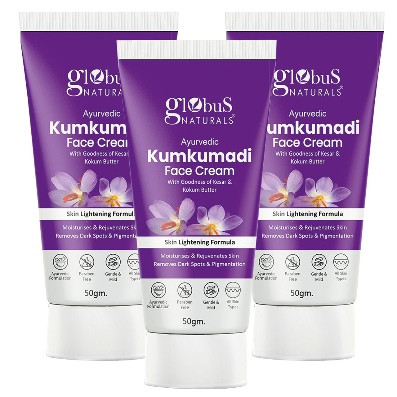 Globus Naturals Ayurvedic Kumkumadi Skin Lightening Face Cream, Chemical Free, Paraben Free, Suitable For All Skin Types, 50gm (Pack of 3