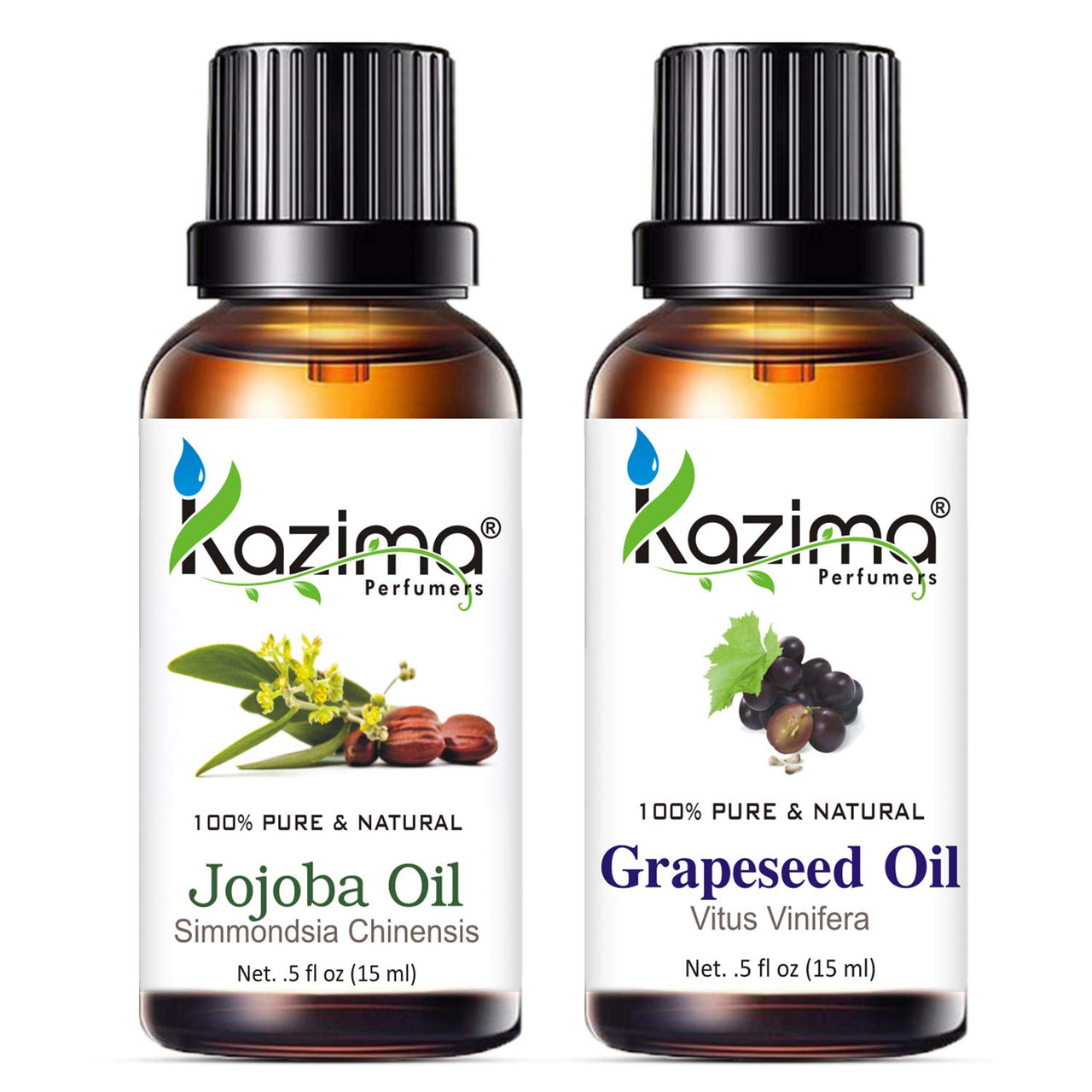 KAZIMA Combo of Jojoba Oil and Grapeseed Oil - 100% Pure Cold Pressed Carrier Oil for Acne, Wrinkles, Skin Moisturizing, Hair fall, 15 ml each