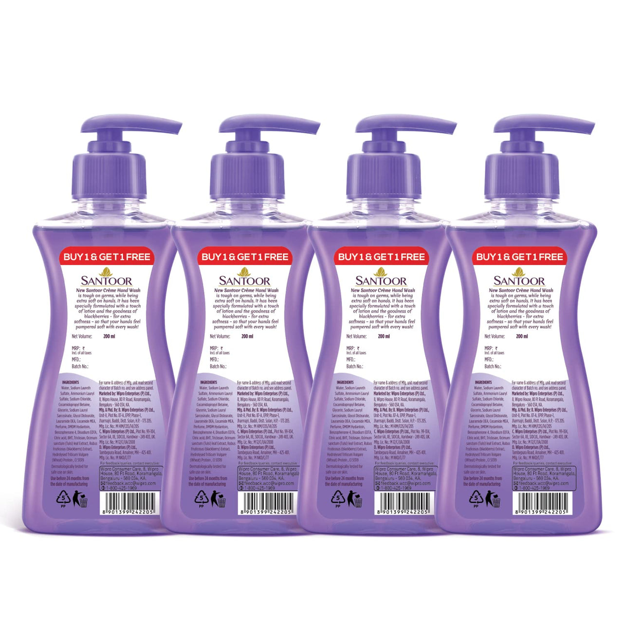 Santoor Crème Handwash 200ml, Pack of 4 with Touch of Lotion| Made with Berries & Tulsi| Rich Lathering Formula with Anti-Bacterial Properties| Soft on Hands| Soothes & Hydrates Skin