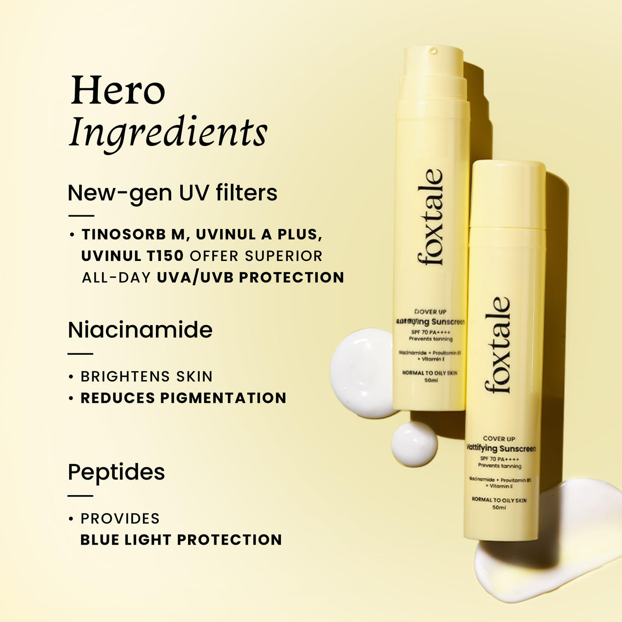 Foxtale SPF 70 Gel-Cream Sunscreen for Oily Skin | Oil Control Sunscreen with PA++++ & Niacinamide | UVA UVB Protection | Prevents Tan | Lightweight, Pore-minimising, No White Cast | 50ml