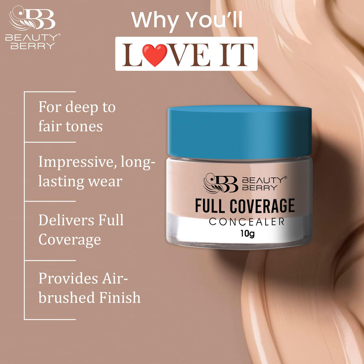Beauty Berry Full Coverage Concealer - Natural Glow, 10g | Easy to Blend, Ultra Lightweight & Long Lasting Concealer | Creamy Texture, Highly Pigmented, Waterproof Concealer for Face Makeup