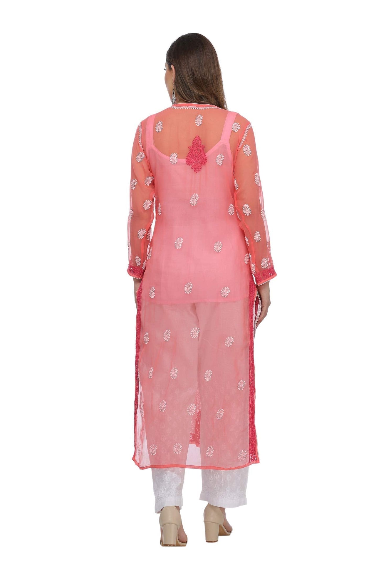 Ada Women's  Hand Embroidered Faux Georgette Lucknowi Chikankari Kurti with Slip