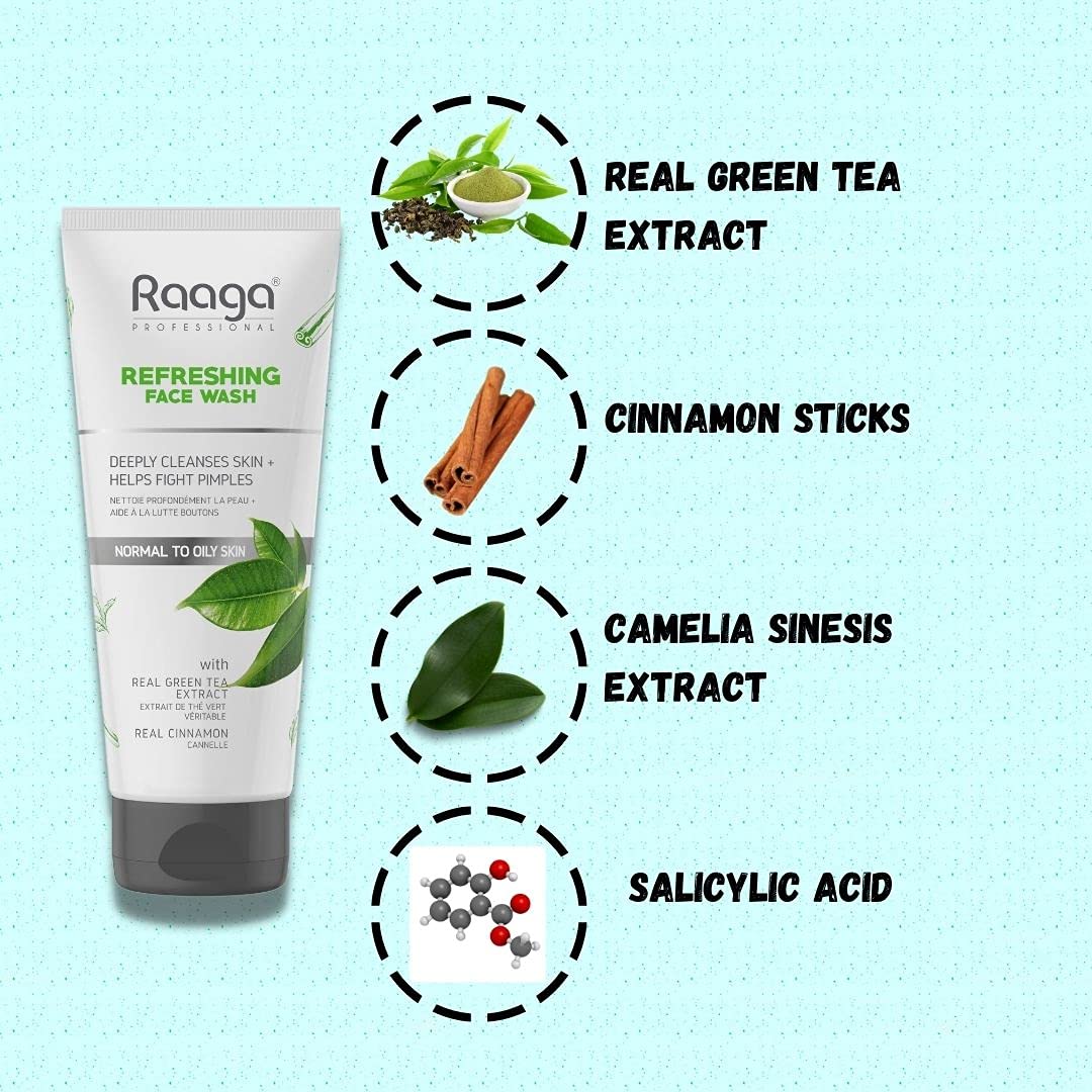 Raaga Professional Refreshing Facewash with Green Tea Extract and Cinnamon Extract | For Normal to Oily Skin | Deeply Cleanses Skin & Helps Fight Pimples (80 ml)
