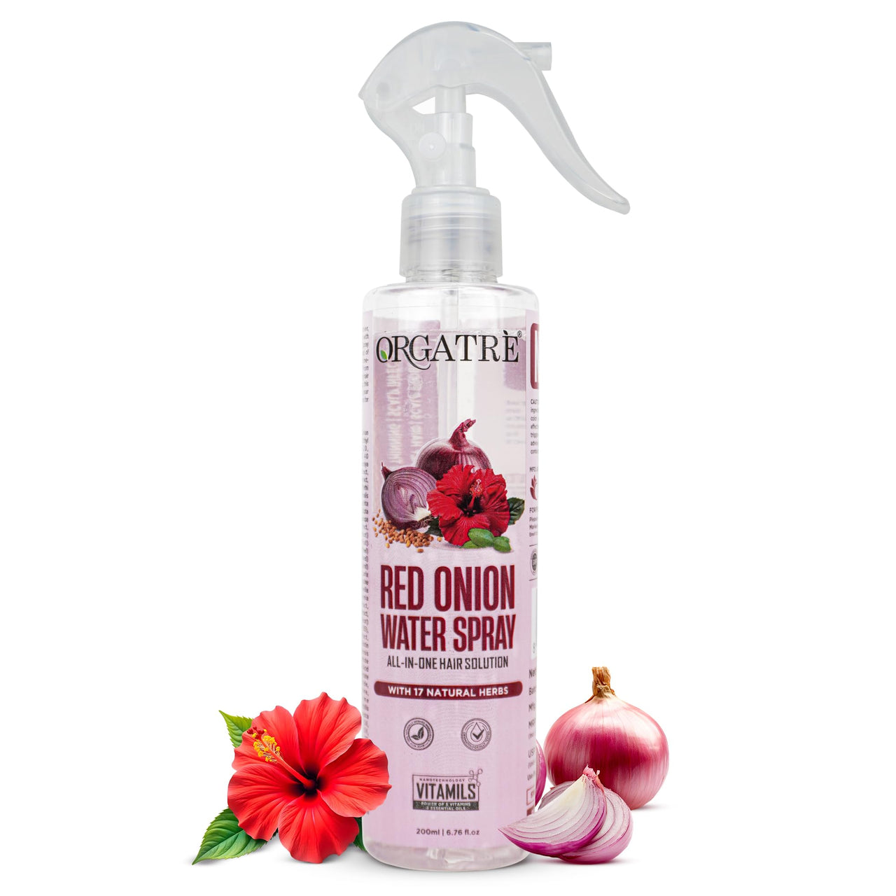 Orgatre Red Onion Water Spray for Hair Growth | 100% Natural Red Onion Extract with 17 Herbs | Hair Growth & Volume Booster | No Sticky Residue | 200ml