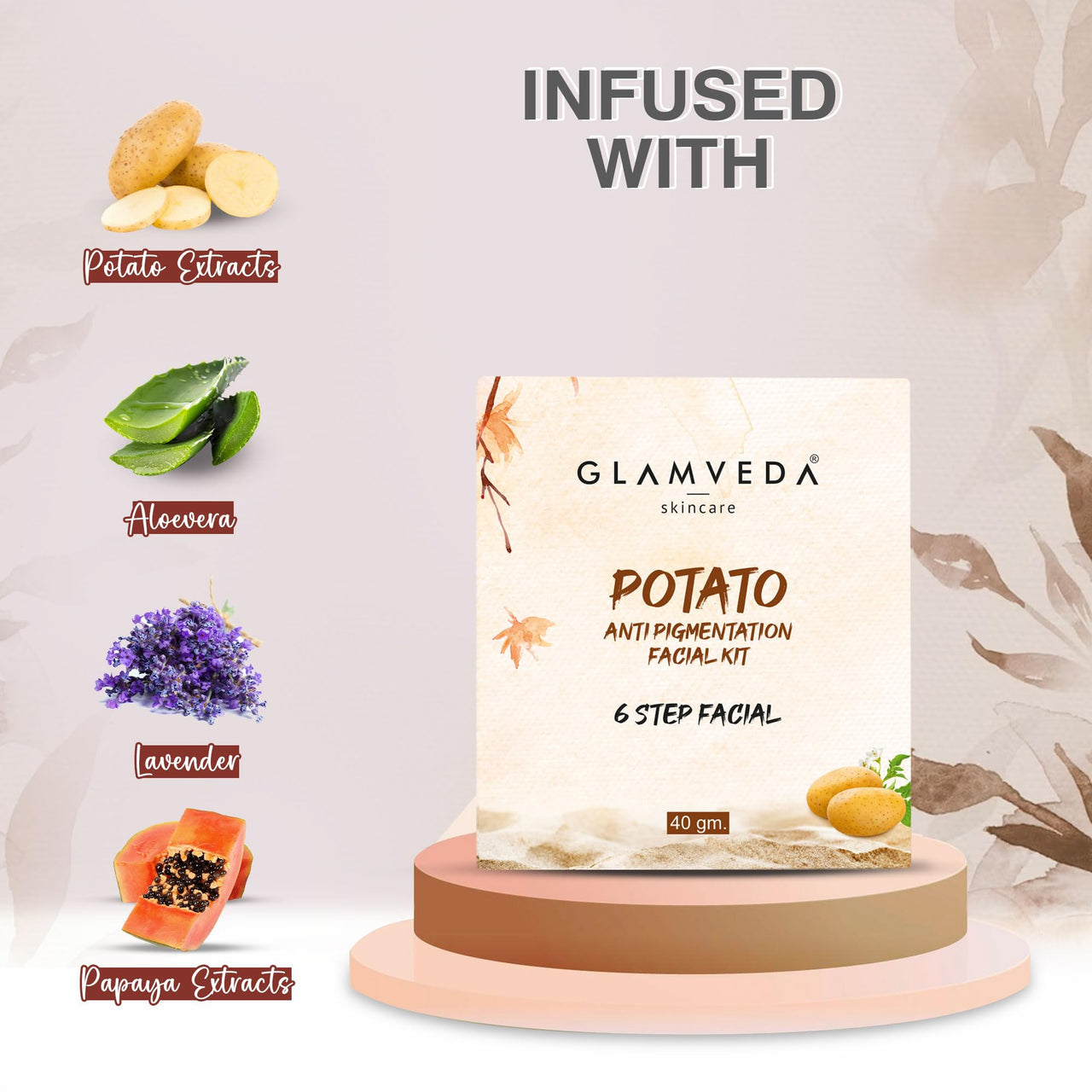 Glamveda Potato Anti Pigmentation Facial Kit | 6 Steps Facial | Fights Blemishes and Dullness | Protects and Nourishes | 40 GM