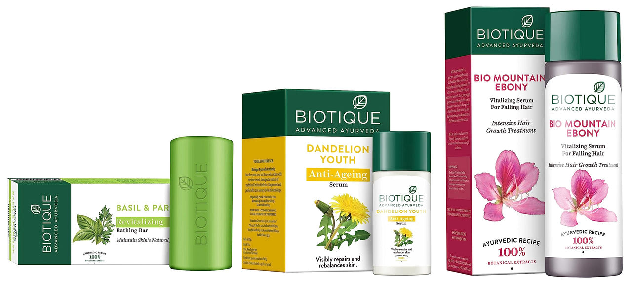 Biotique Dandelion Youth Anti- Ageing Serum For All Skin, 40ml & Bio Mountain Ebony Vitalizing Serum For Falling Hair Intensive Hair Growth 120ML & Basil And Parsley Revitalizing Body Soap, 150g