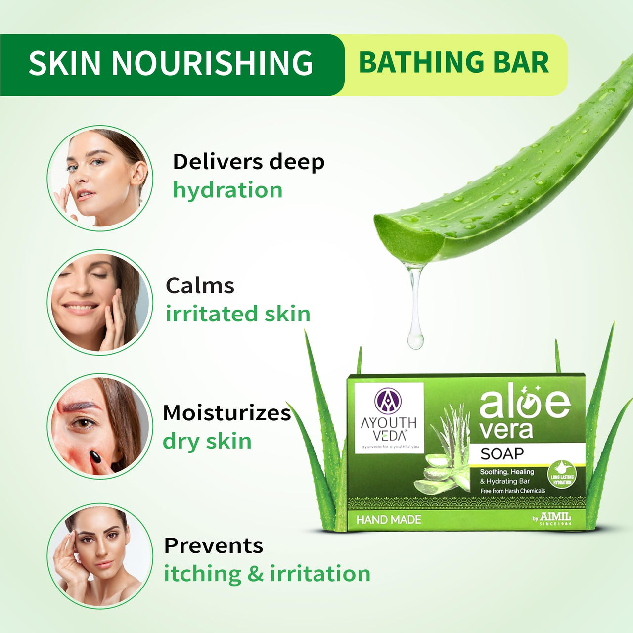Ayouthveda Aloe Vera Bathing Bar for Nourishes & Hydrate the Skin (Pack of 3, 100g each)