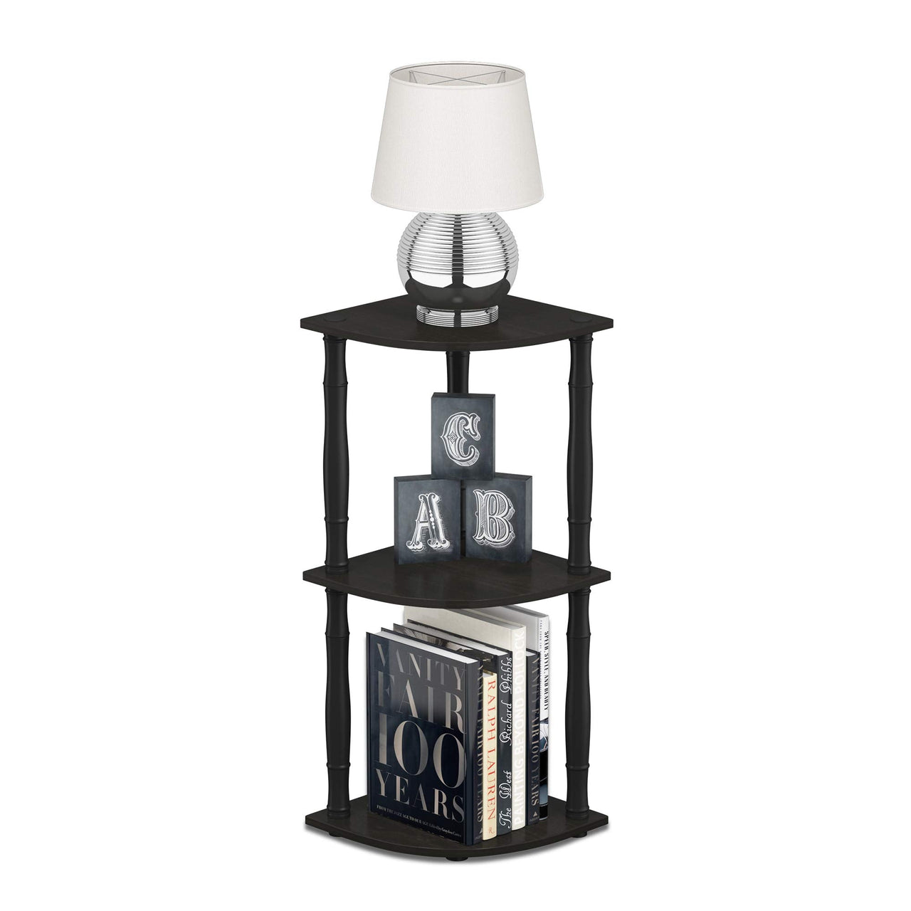 Furinno Turn-N-Tube 4-Tier Corner Display Rack Multipurpose Shelving Unit, Dark Brown Grain/Black 4-Tier Round Tube