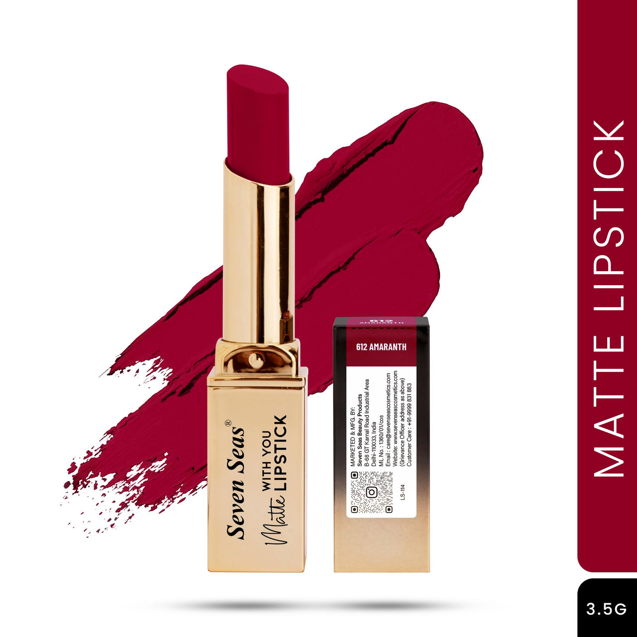 Seven Seas Matte With You Long Lasting Lipstick | Smooth Application |Transferproof & Smudge Proof | Highly Pigmented Lipstick for Women (Amaranth)