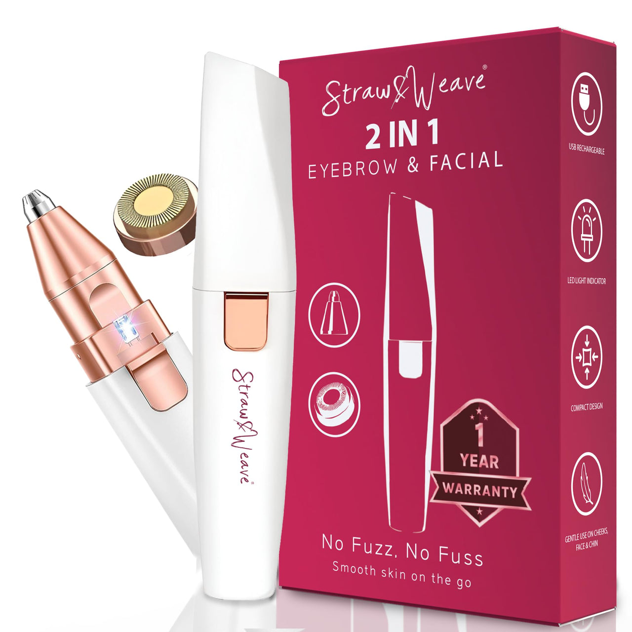 STRAW&WEAVE Facial Hair Removal Machine|Eyebrow Trimmer & Epilator|Trimmer For Women Private Part|2 In 1 Trimmer 400 mAh Battery 1 Year Warranty|Painless Hair Removal Machine|Nose Hairs Remover,White