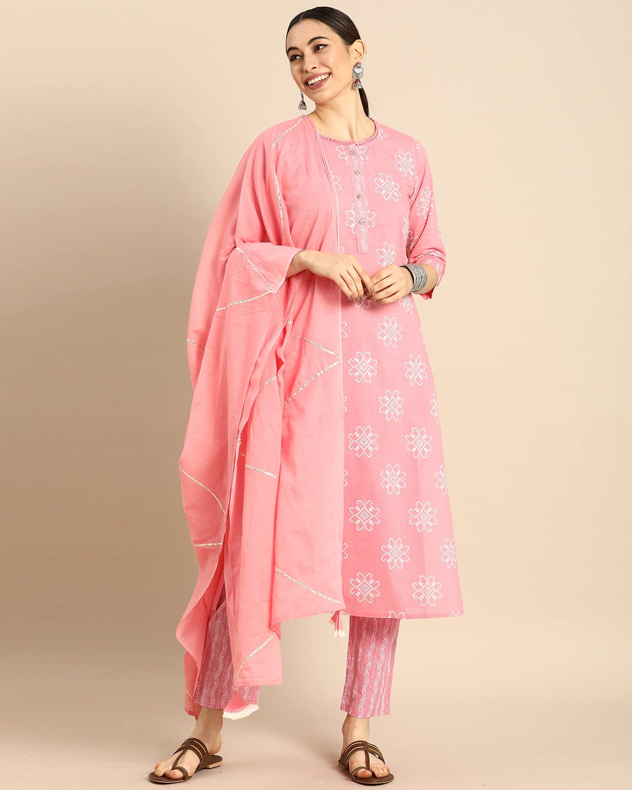 Rajnandini Women's  Pure Cambric Cotton Straight Kurta Set With Dupatta