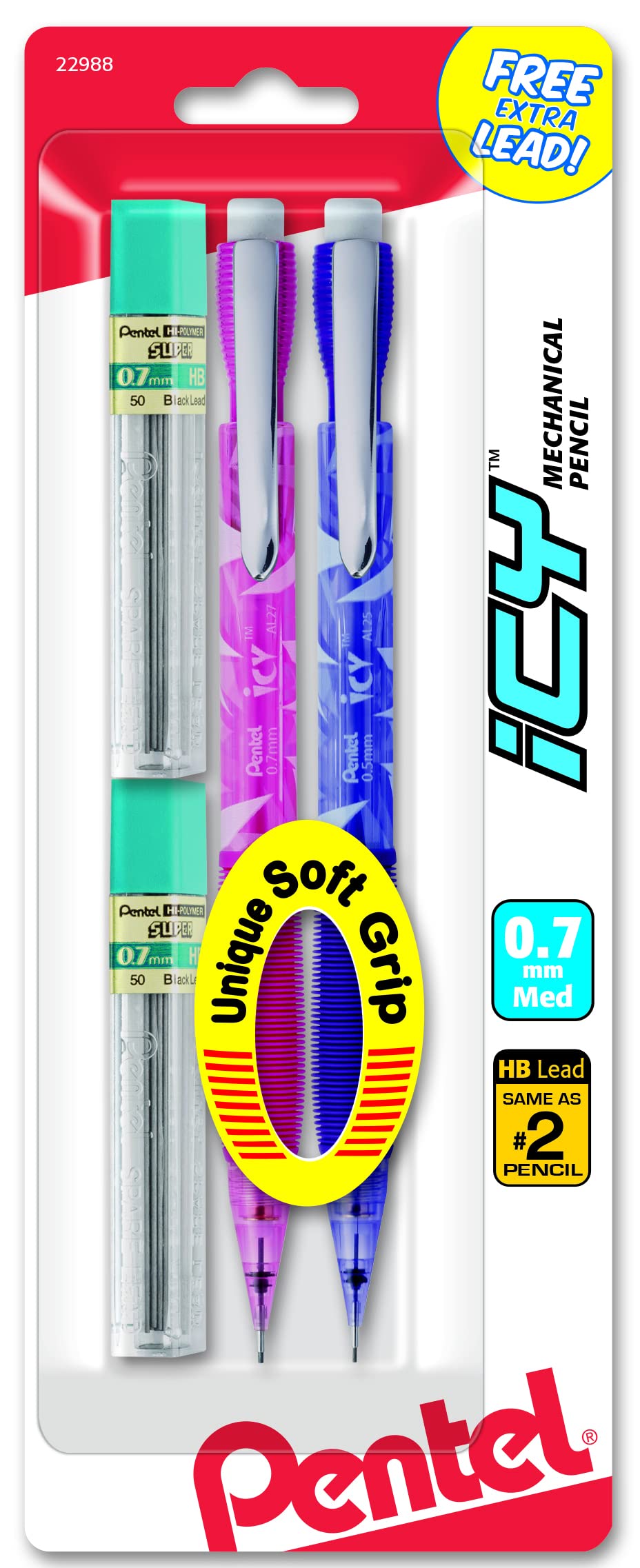 Pentel Icy Automatic Pencil with Lead, 0.7 mm, Assorted Barrels, 2 Pack (AL27TLBP2) 2 Pencils with Lead 0.7 mm