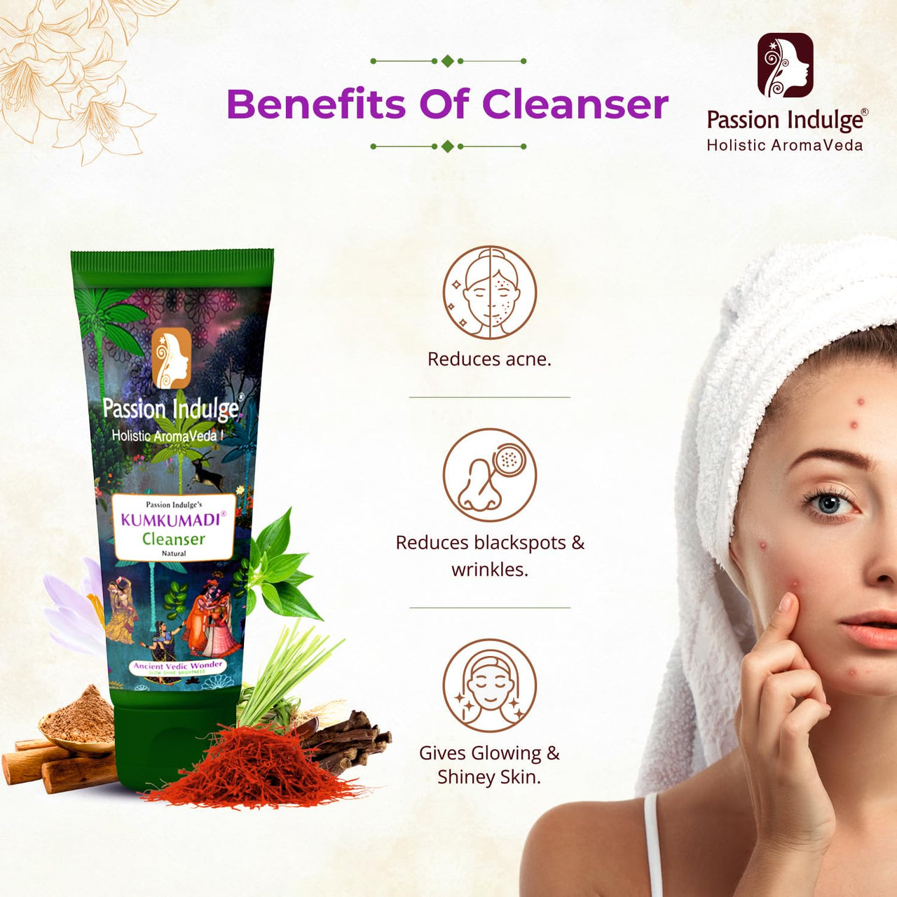 Passion Indulge Kumkumadi Natural Handmade Bath Bar & Kumkumadi Natural Face Cleanser For Skin Glow, Shine & Brightness with Saffron, Vetiver Oil and 16 Herbs