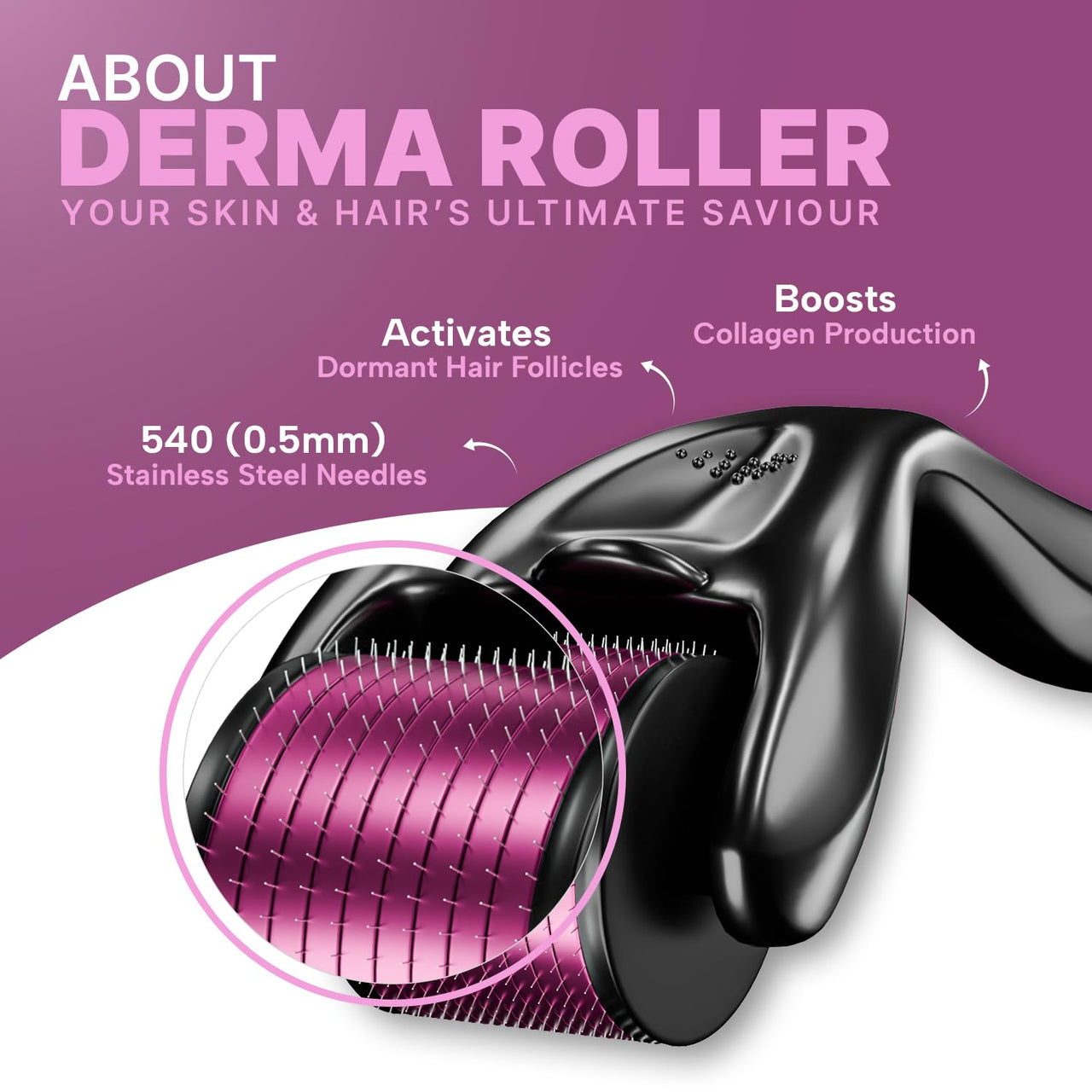 Sotrue Derma Roller 0.5mm with Sanitizer | 540 Stainless Steel Needles | Derma Roller for Hair Growth & Thickening, Repair Damages and Activates Hair Follicles, Reduces Acne Scars (Black)