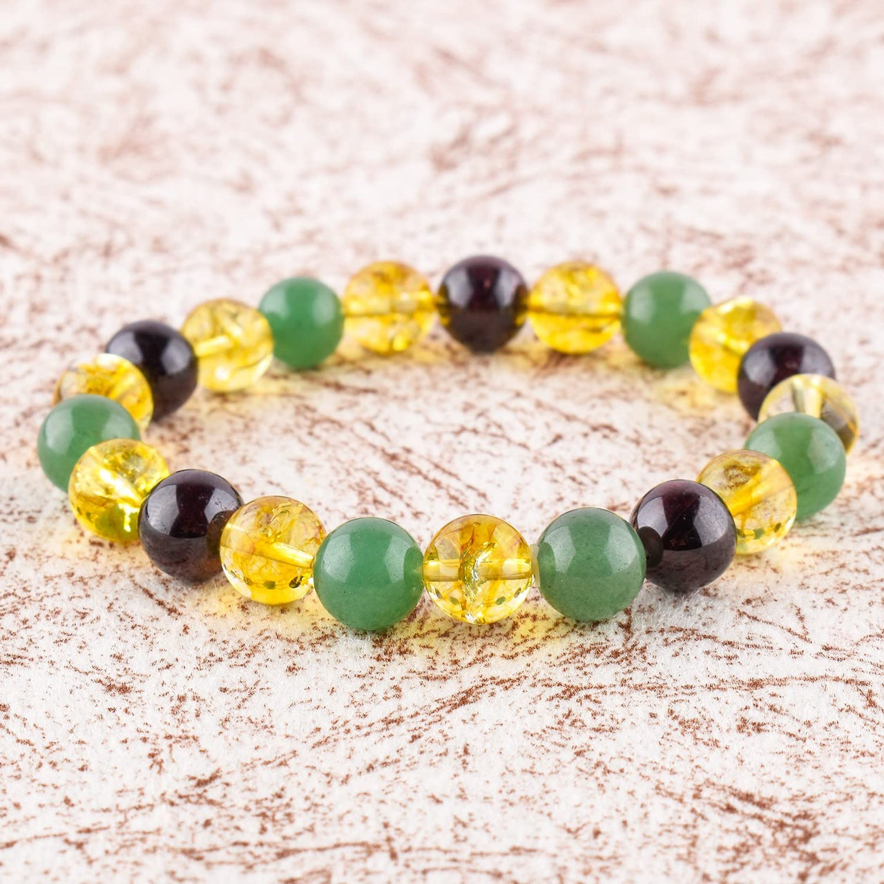Triple Crystal Money Bracelet - Red Garnet - Citrine - Green Aventurine Handmade Bracelet Stretchable Genuine Round Beaded 10mm Unisex Jewelry Chakra Healing Crystals - Success - Bohemian Triple_B