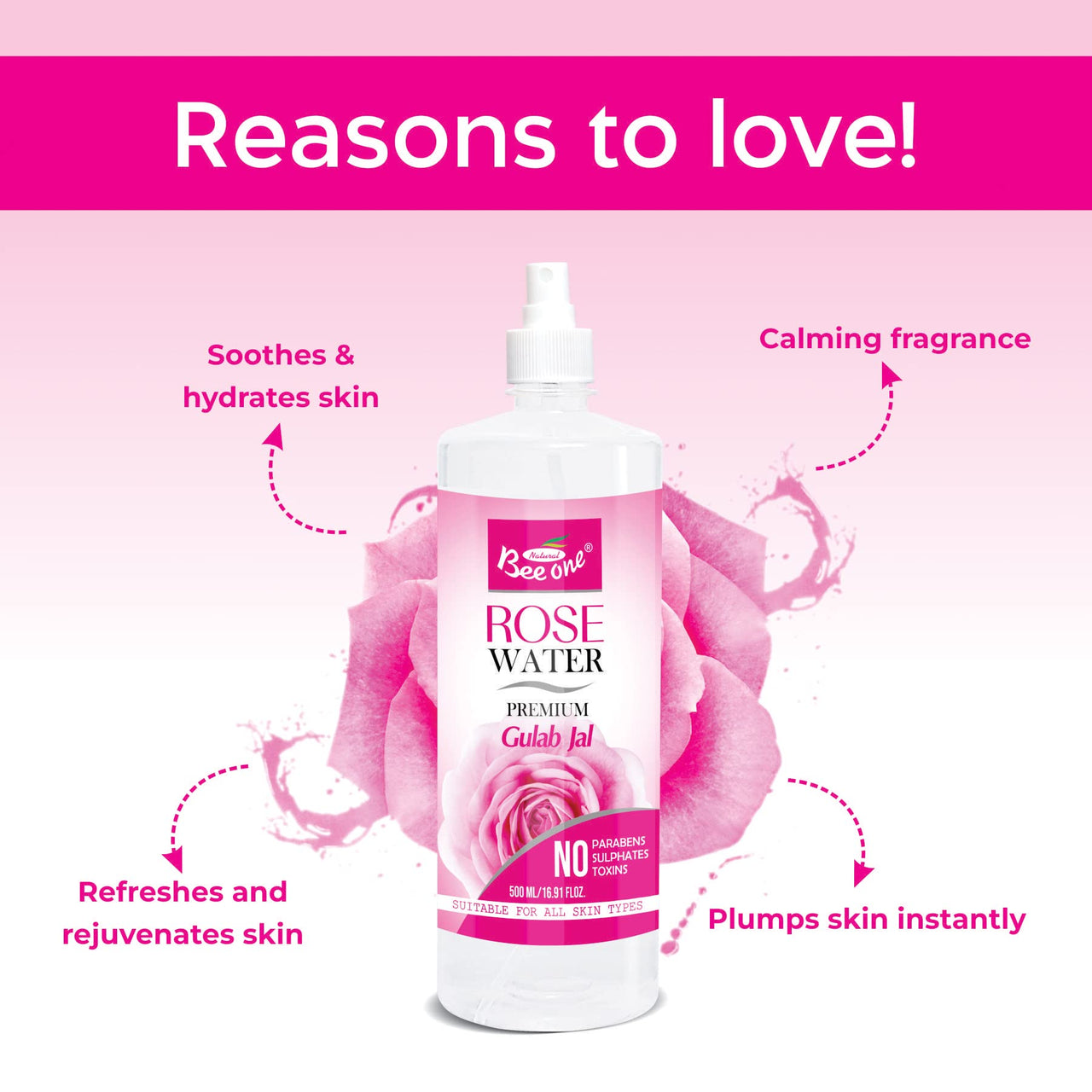 BEE ONE ROSE WATER 500 ML for Hydrated, Glowing Skin Premium Toner & Cleanser for Soft All Skin Types
