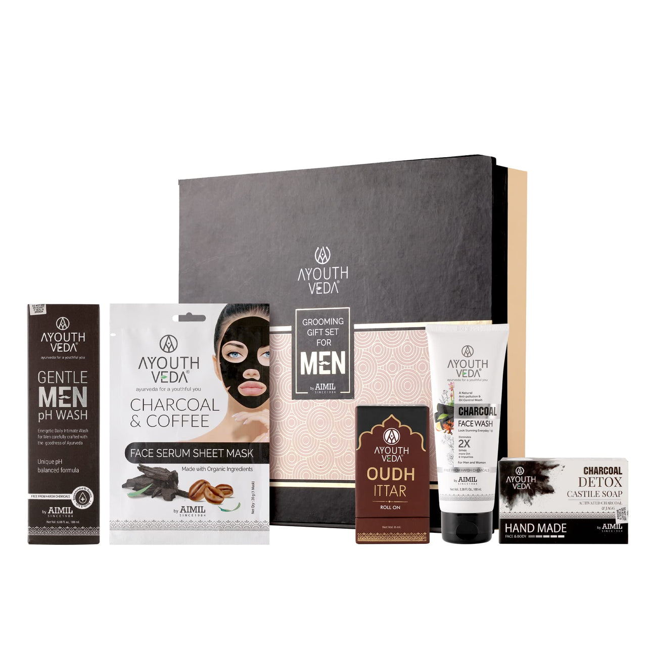 Ayouthveda Essential Pack for Men | Charcoal Face Wash, Charcoal Castile Soap, Charcoal & Coffee Face Serum Mask, Gentlemen pH Wash & OUDH Attar | Premium Grooming & Hygiene Kit for Men (Pack of 5)