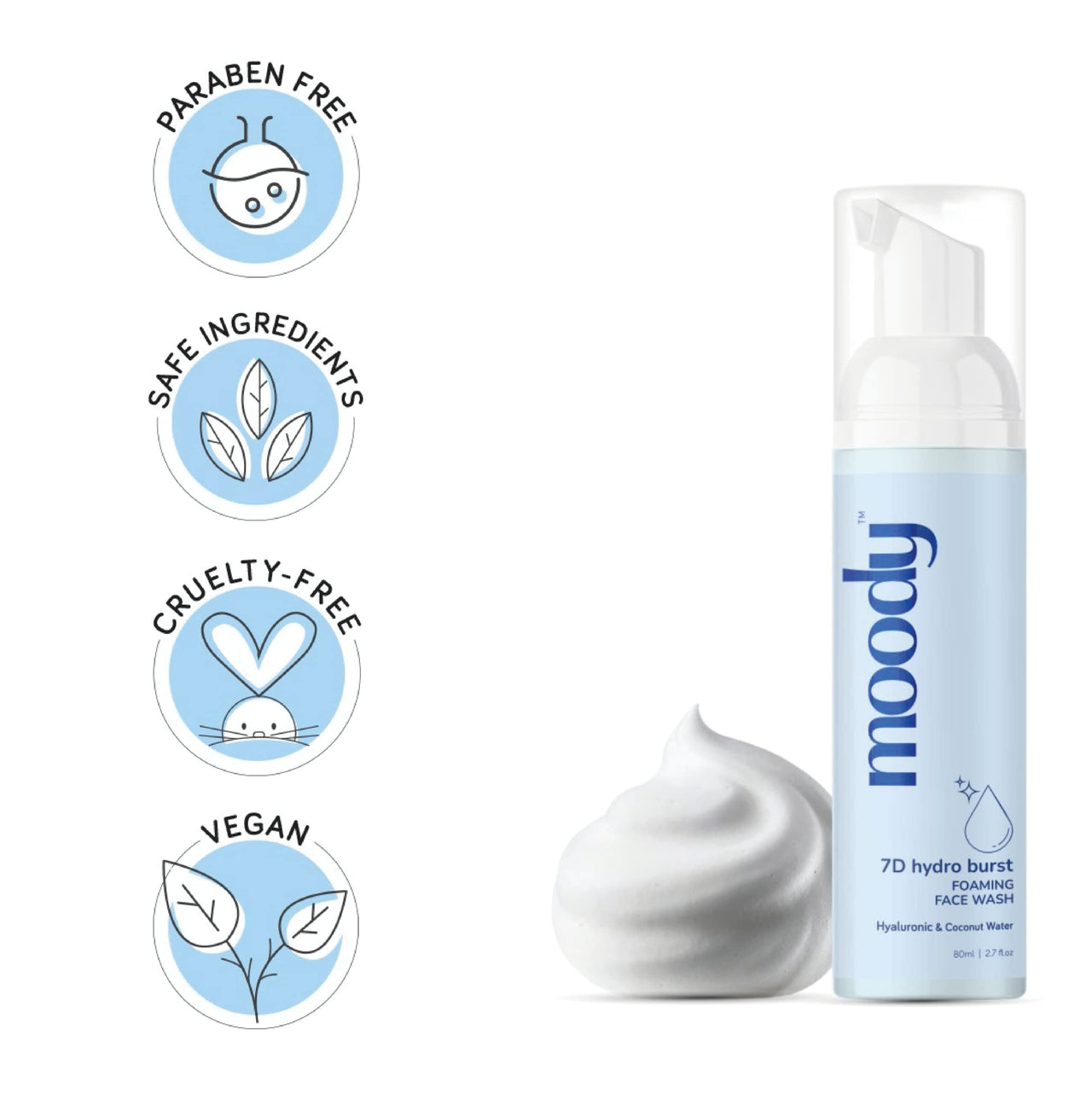 Moody 7D Hydro Burst Foaming Face Wash with Hyaluronic Acid & Coconut | Deep Pore Cleansing | Face Wash for Glowing Skin | Non-Drying & Gentle Cleanser | Sulphate Free & Vegan | Men & Women,80 ml