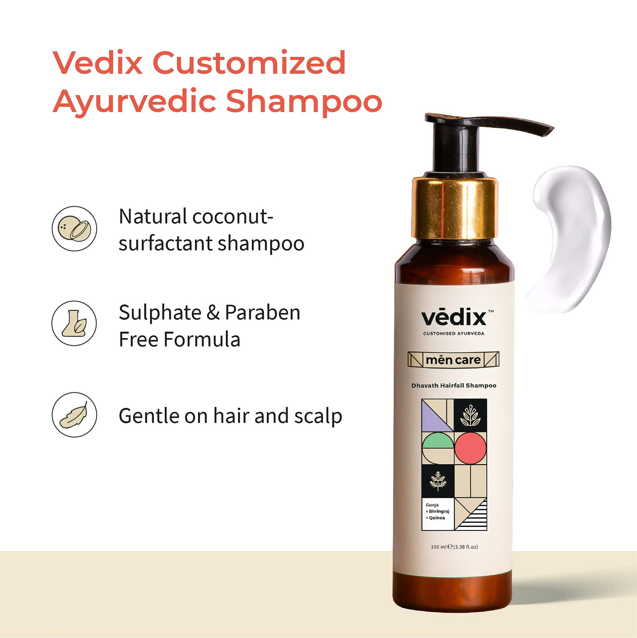 Vedix Ayurvedic Shampoo, Dhavath Deep Conditioning Customized Sulfate Free Men Shampoo with Gunja, Bhringraj & Quinoa, for Normal/Oily Hair - 100 ml
