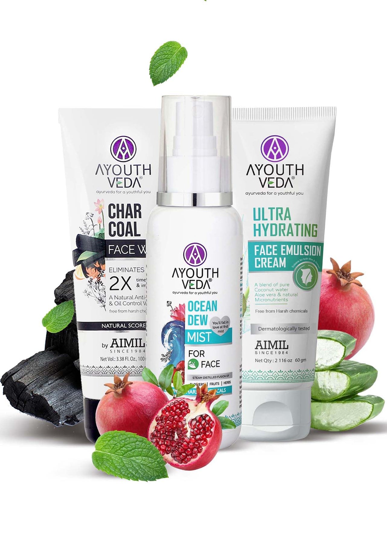 Ayouthveda CTM Combo For Dirt Free Clear Skin, Dark Spots, Refreshes Complexion Charcoal Face Wash(100ml) | Ocean Mist(100ml) | Ultra Hydrating Face Emulsion Cream With Aloe Vera & Coconut Water(60g)