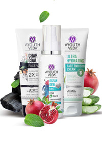 Ayouthveda CTM Combo For Dirt Free Clear Skin, Dark Spots, Refreshes Complexion Charcoal Face Wash(100ml) | Ocean Mist(100ml) | Ultra Hydrating Face Emulsion Cream With Aloe Vera & Coconut Water(60g)