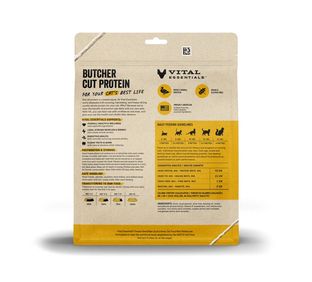 Vital Essentials Freeze Dried Raw Cat Food, Duck Mini Patties Entree, 8 oz