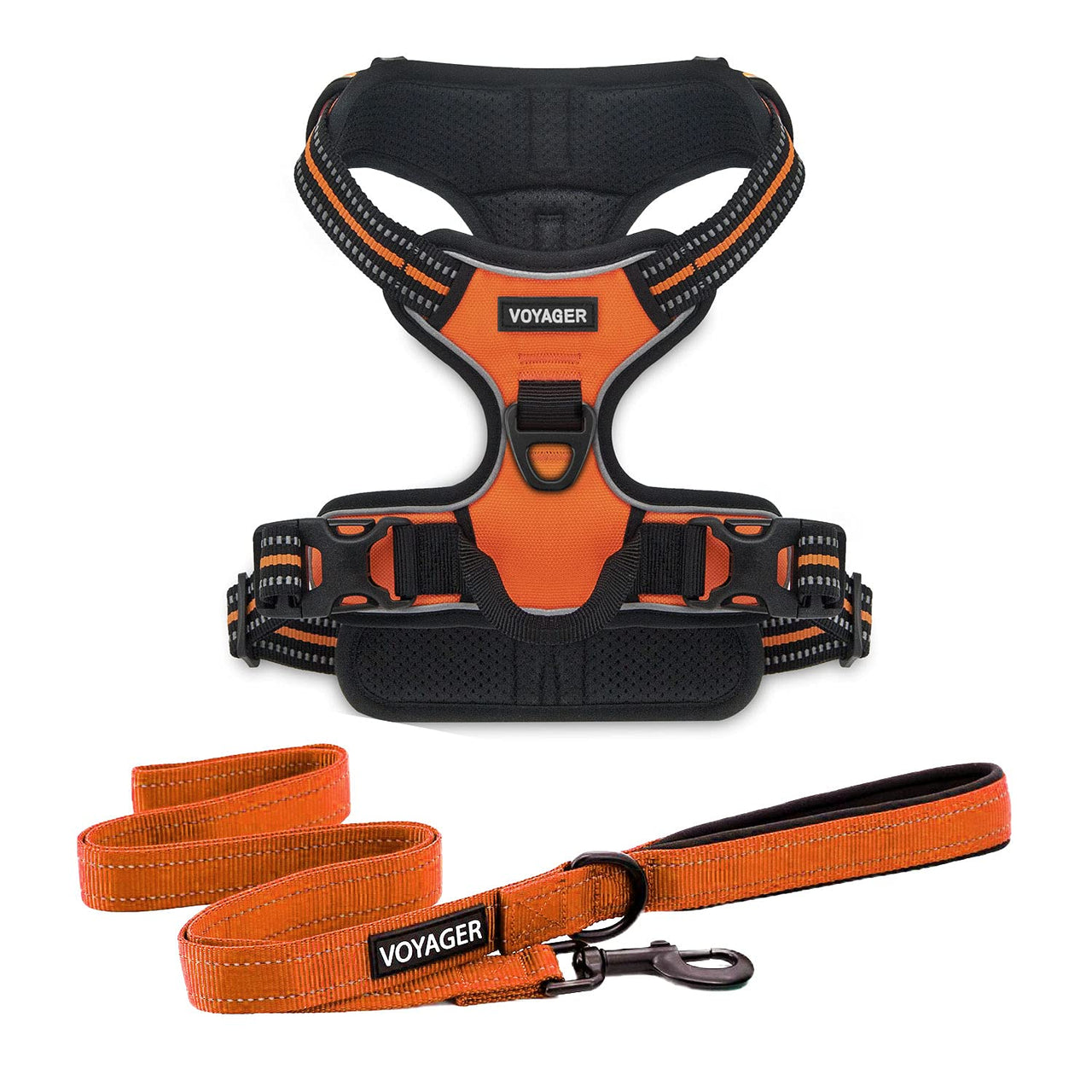 Voyager Dog Harness Dual Leash Attachment No-Pull Control Adjustable Soft but Strong Pet Harness for Medium and Large Dogs with 3M Reflective Technology - Harness Leash Set (Orange), S