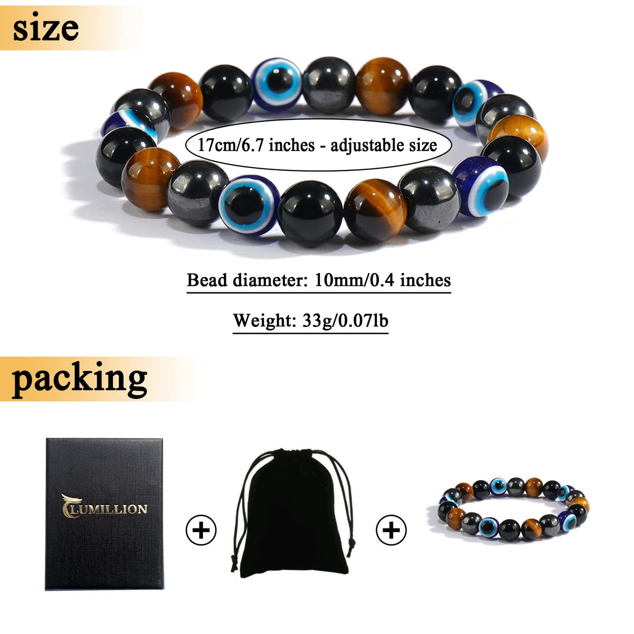 mens beaded bracelets（evil eye, tigers eye,hematite, obsidian）A handmade beaded crystal healing bracelet that can bring luck, happiness and protection(10mm elastic) 10mm elastic