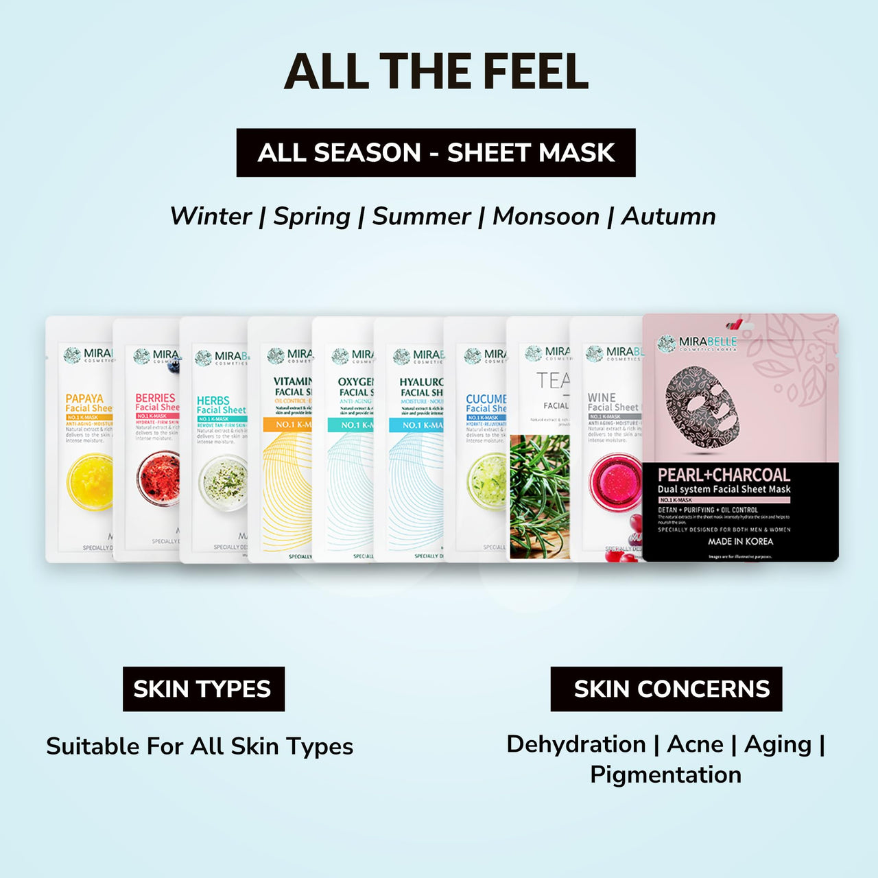 MIRABELLE COSMETICS KOREA Crystal Clear Skin facial sheet mask combo pack of 10