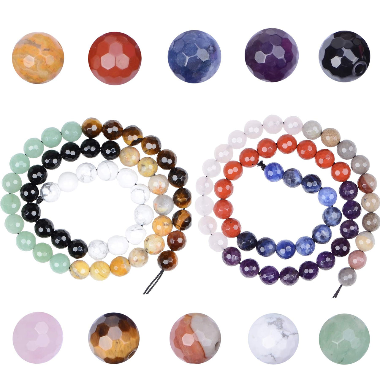 Massive Beads 140PCS 6MM Natural Crystal Beads 10 Materials Faceted Stone Gemstone Round Loose Energy Healing Beads with Free Crystal Stretch Cord for Jewelry Making (Faceted Stone Gems, 6MM) Faceted Stone Gems