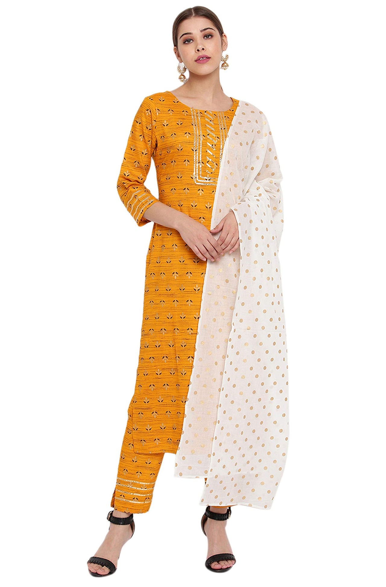 Janasya Women's  Mustard Rayon Straight Kurta with Pant and Dupatta