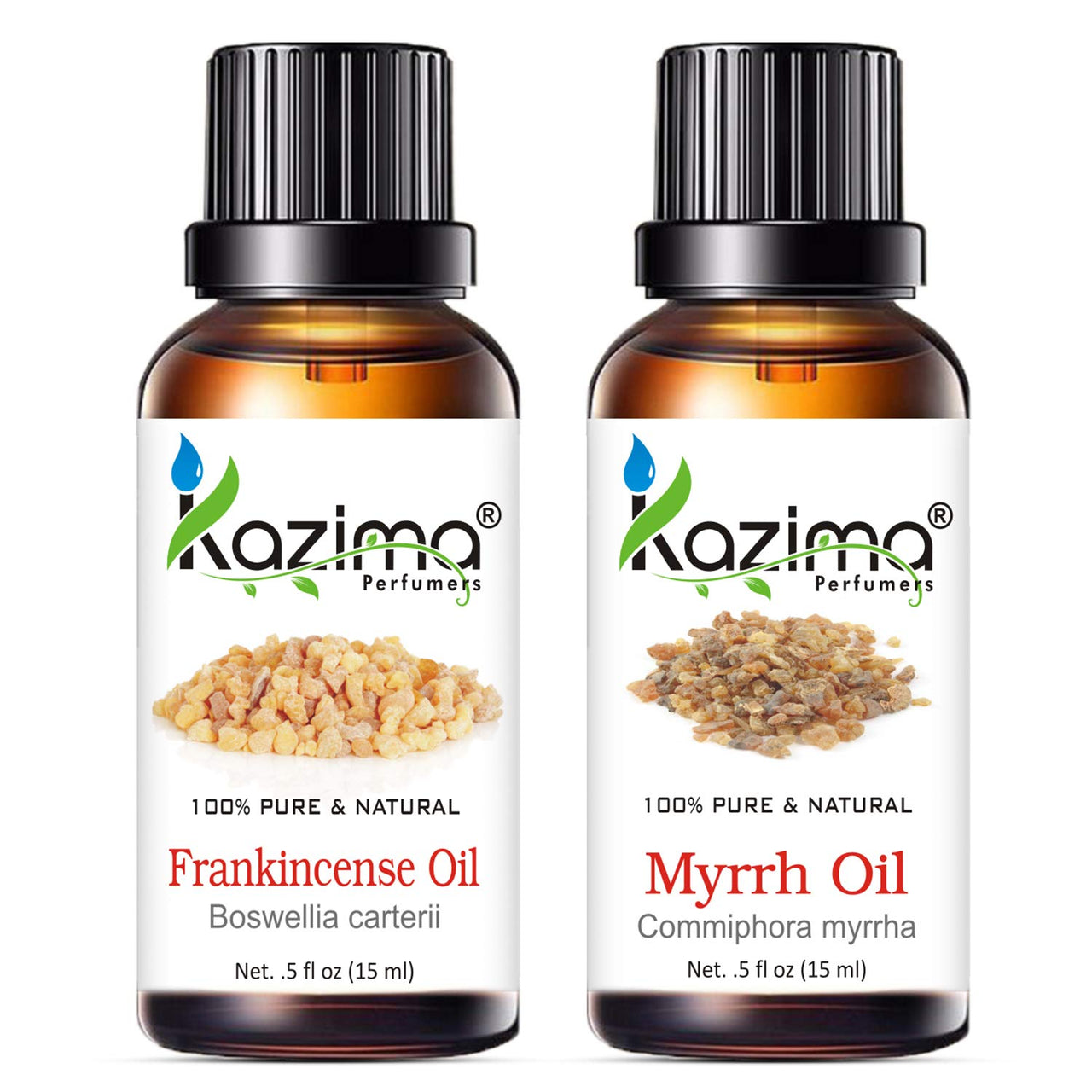 KAZIMA Combo of Frankincense Oil and Myrrh Oil - 100% Pure Essential Oil for Face Acne & Scars, Gums, Hair Growth & Body Massage, 15 ml each