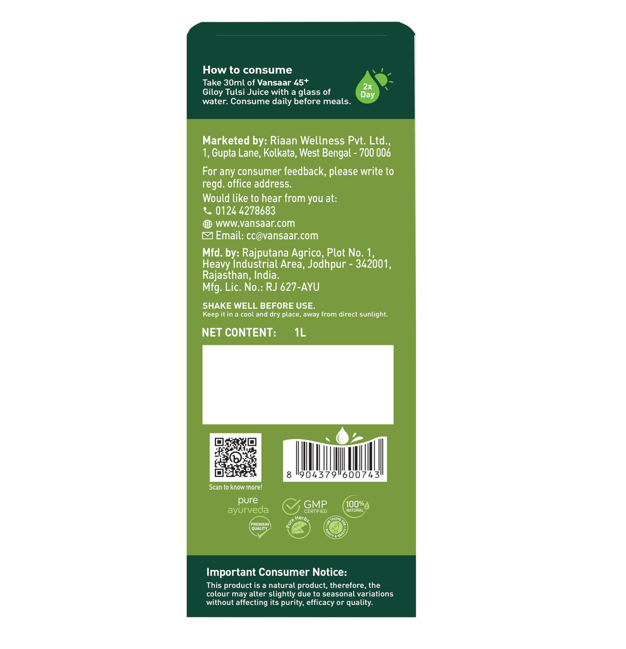 Vansaar 45+ Neem Grown Giloy Tulsi Juice with 4-in-1 Immuno- Enhancing benefits| Handpicked Fresh Tulsi and Neem grown Giloy| NIB rich for all-round Immunity| 100% Pure, Natural Juice - 1L