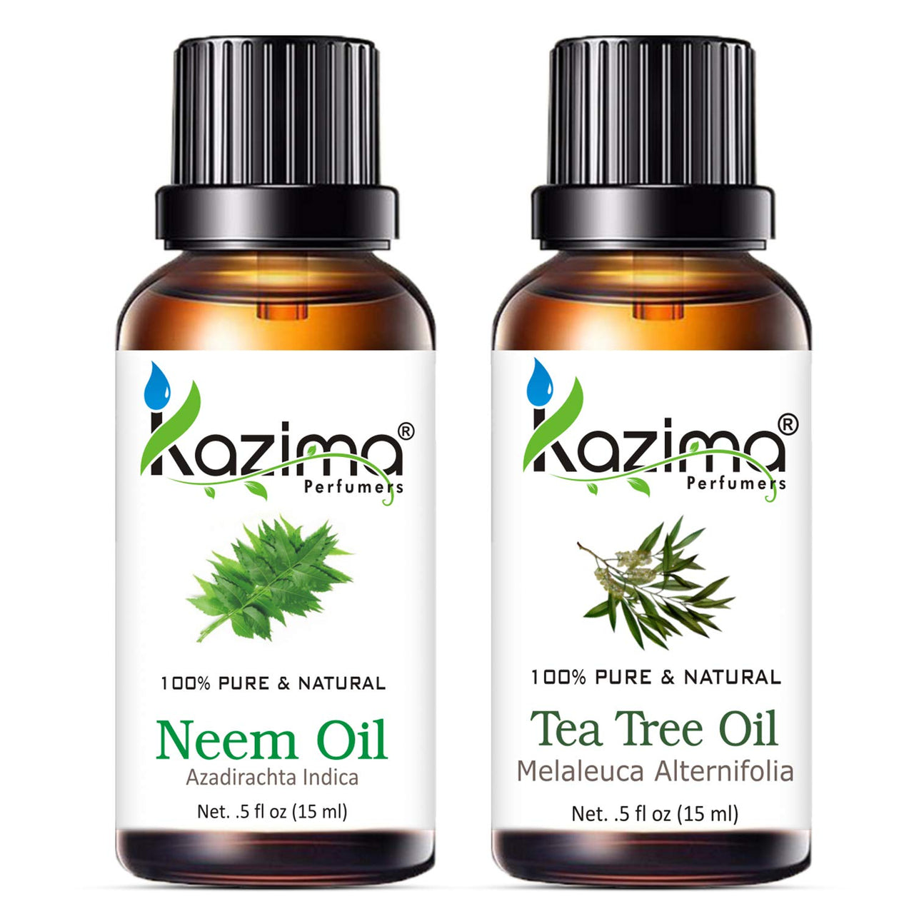 KAZIMA Combo of Neem Oil and Tea Tree Oil - 100% Pure & Undiluted Oil for Acne, Scars, Skin Moisturizing & Dandruff Control, 15 ml each