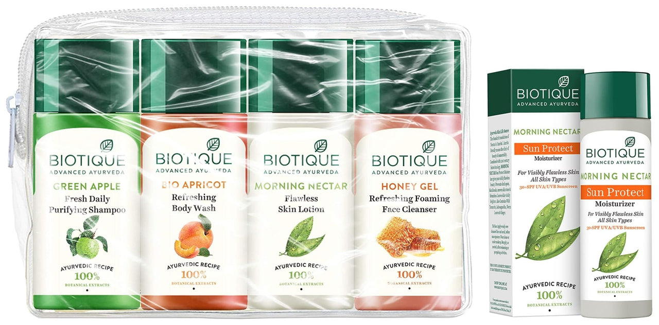 Biotique Travel Kit&Biotique Morning Nectar Sun Protect Moisturizer Lotion For Visibly Flawless Skin All Skin Types, 120 ml