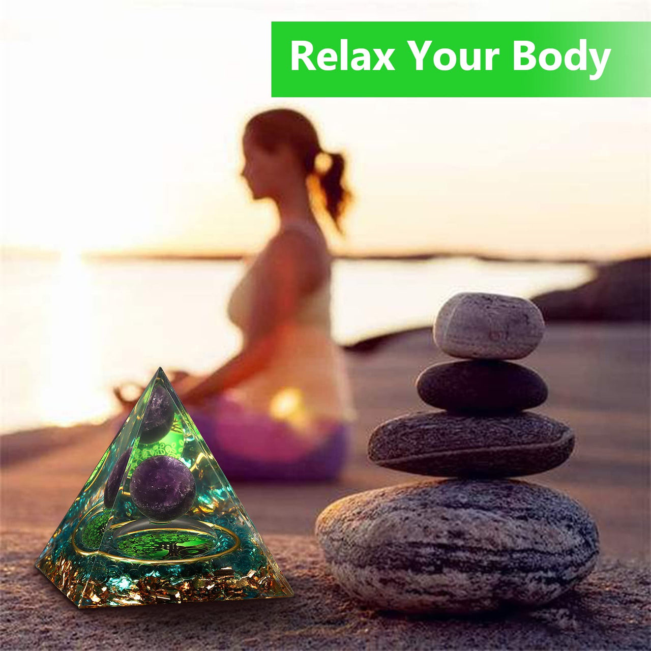 Orgonite Healing Crystal and Stone Orgone Pyramid Amethyst Sphere Life Tree Blance Chakras Pyramid Meditation Aids Sleep, Health Protection Positive Energy Generator to Attract Wealth and Wisdom Green Tree