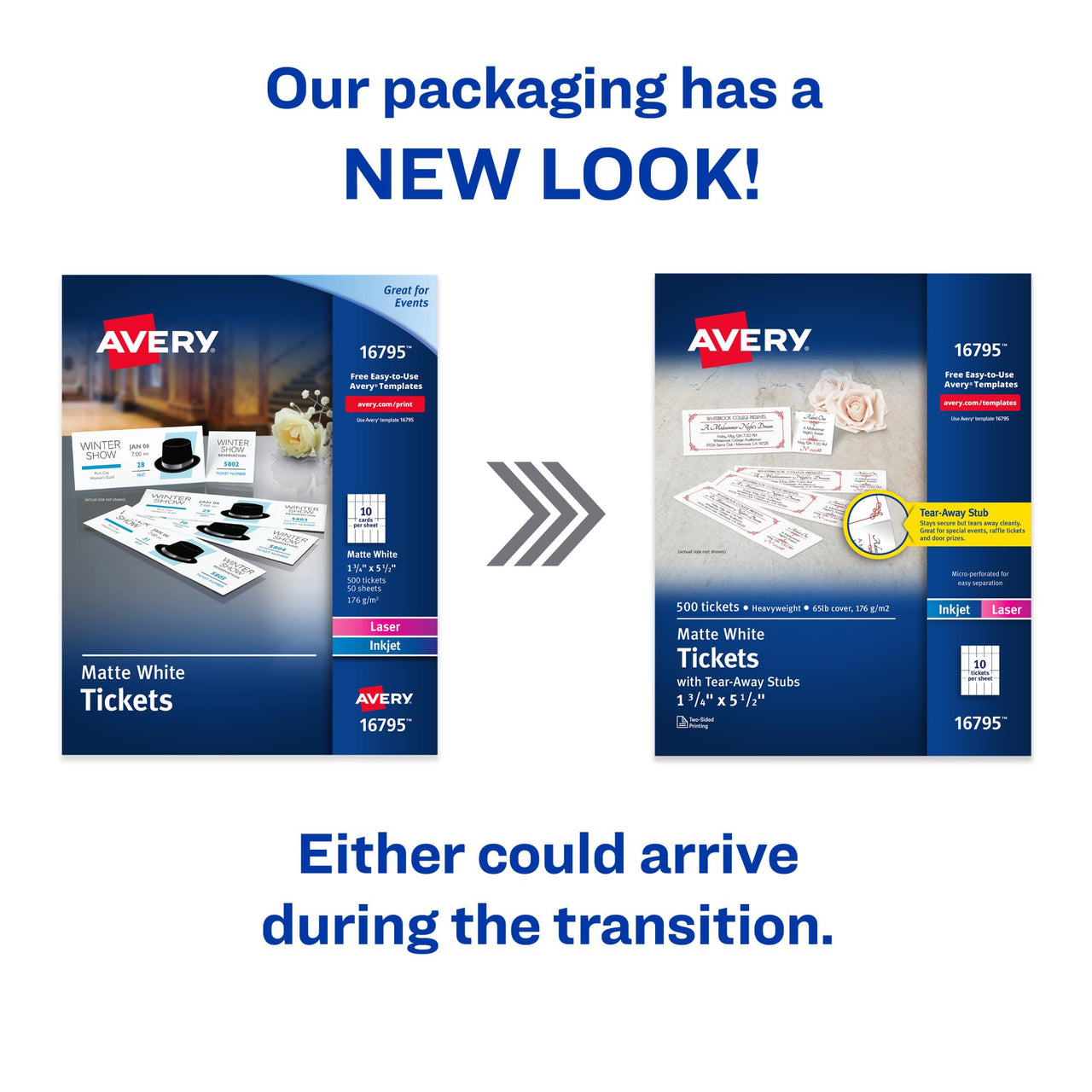 Avery Printable Tickets with Tear-Away Stubs, 1.75" x 5.5", Matte White, 500 Blank Tickets for Laser and Inkjet Printers (16795)