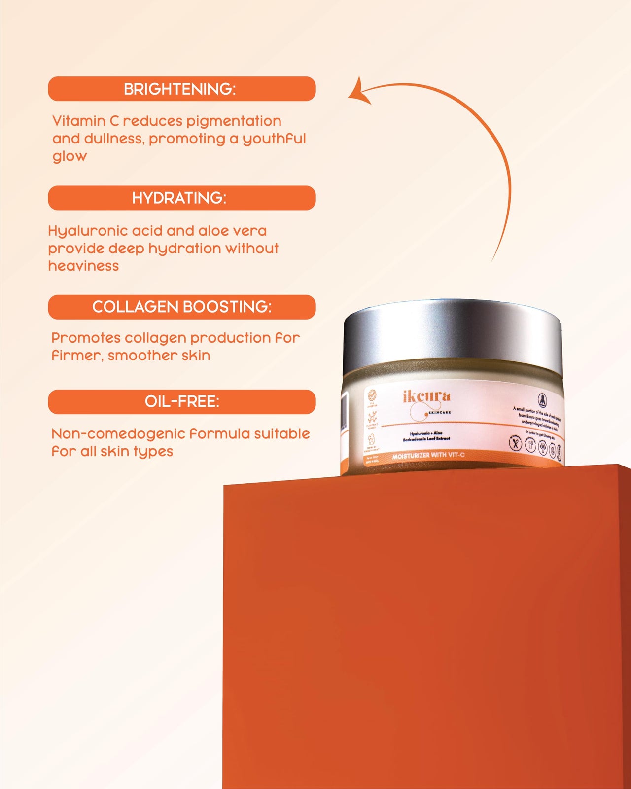 Ikcura Moisturizer with Vitamin C, Hyaluronic, Aloe Barbadensis Leaf Extract | Brightening Skin, Collagen Boosting, Reduces Dullness, Deep Hydrating, Non-Comedogenic & oil free Moisturizer, 50g